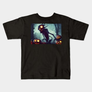 A Scary Monster and Pumpkins OnThe Background Of The Night Forest Kids T-Shirt